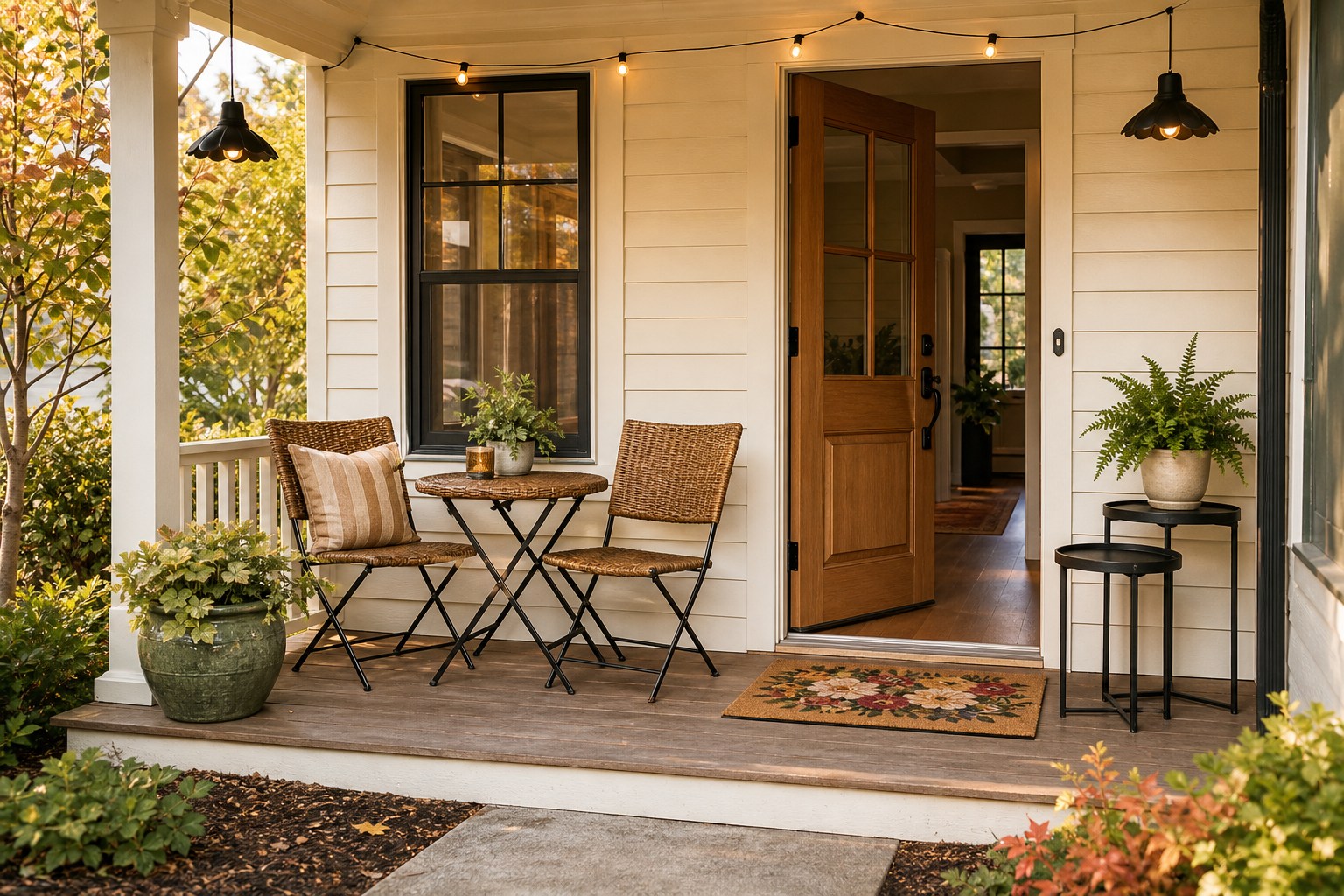 Narrow cottage front porch with one wicker chair, warm lights, green planter, floral doormat, tan pillow, small table, and a clear walkway