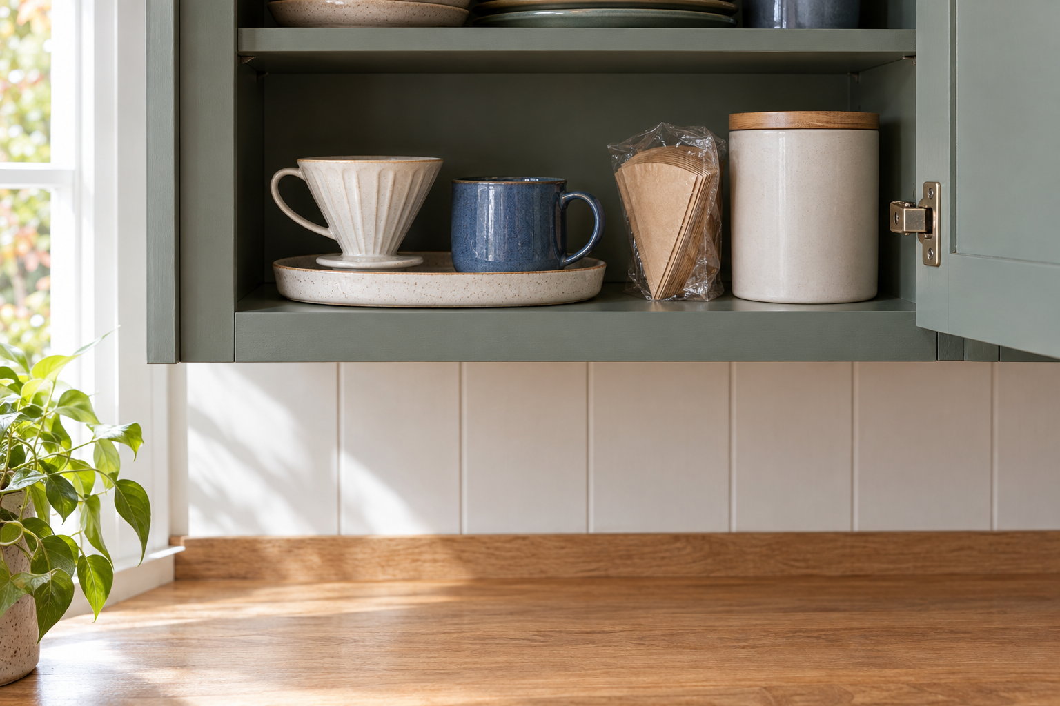 A manual brewing cone and blue mug on a tray inside a cupboard beside filters and a storage container.