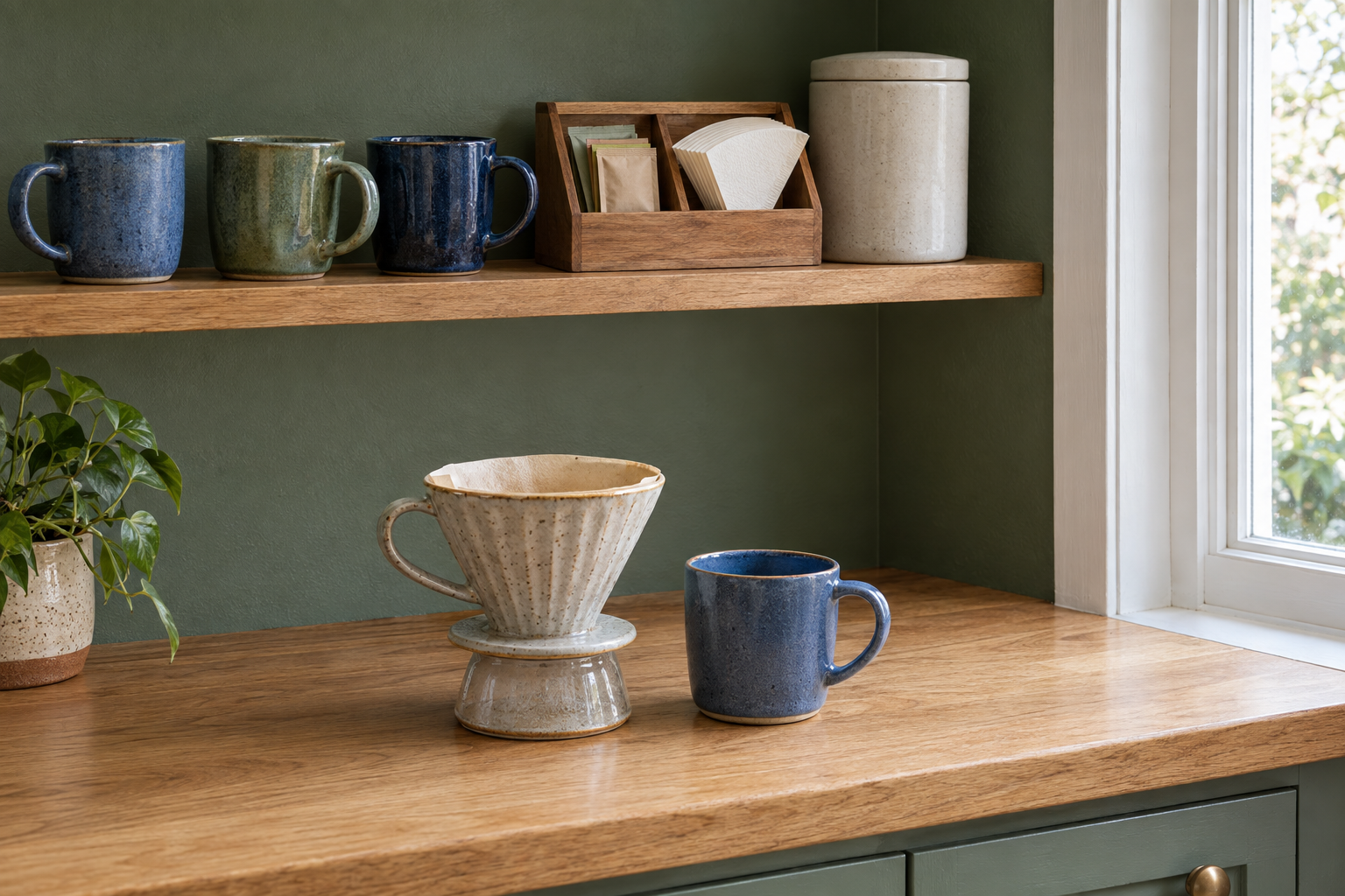 Mugs, tea packets and filters on an existing shelf above a manual brewer and mug.