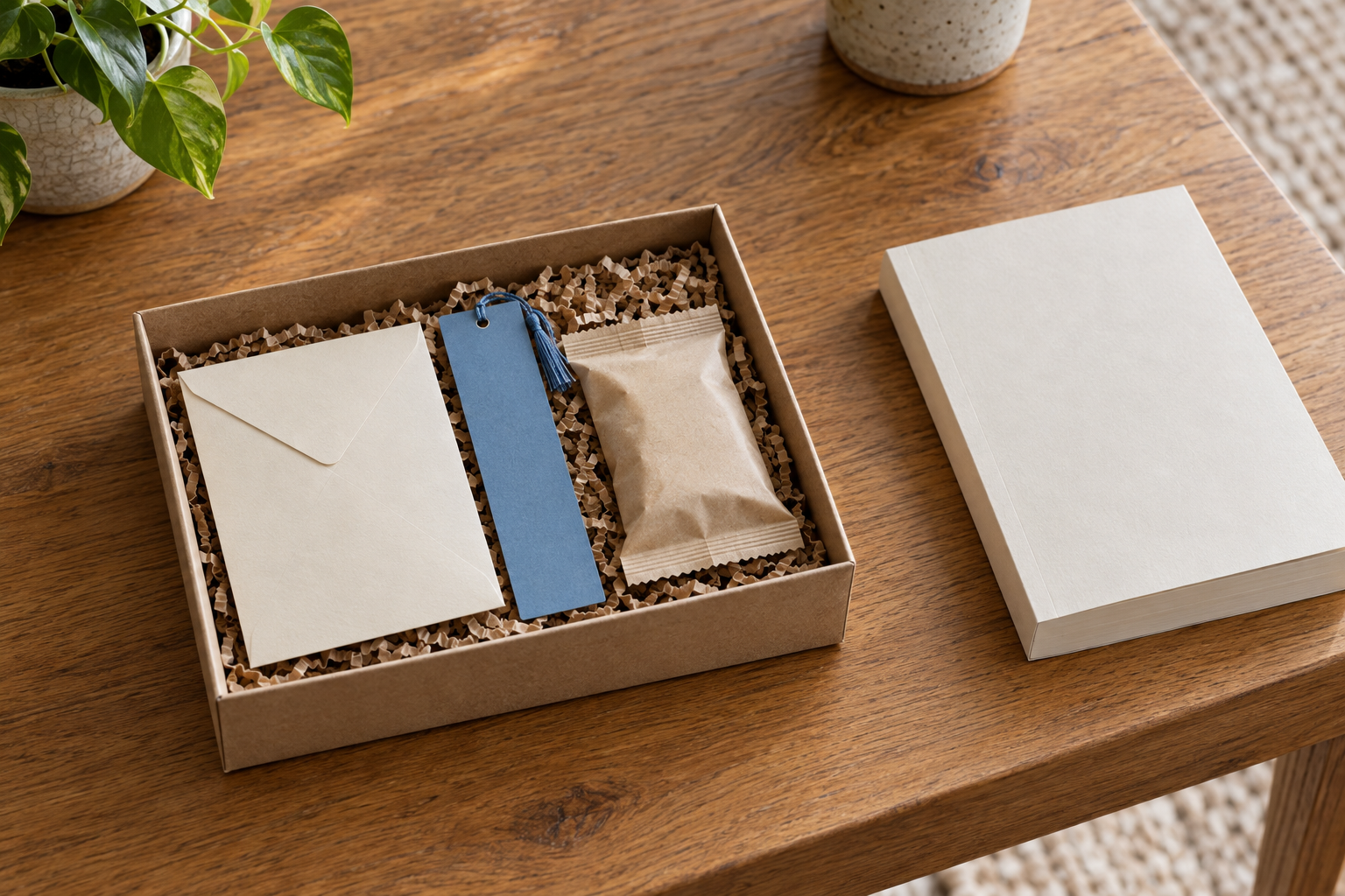 A book-lover gift box holds a blue bookmark, plain envelope and sealed snack on an oak table.