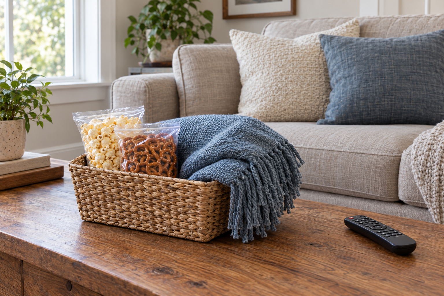 A small film-night basket holds sealed snacks and a folded throw on a coffee table.