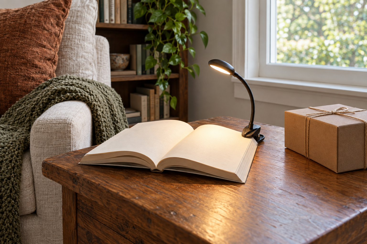 A generic clip-on light illuminates an open book beside a plain wrapped gift on a wood side table.
