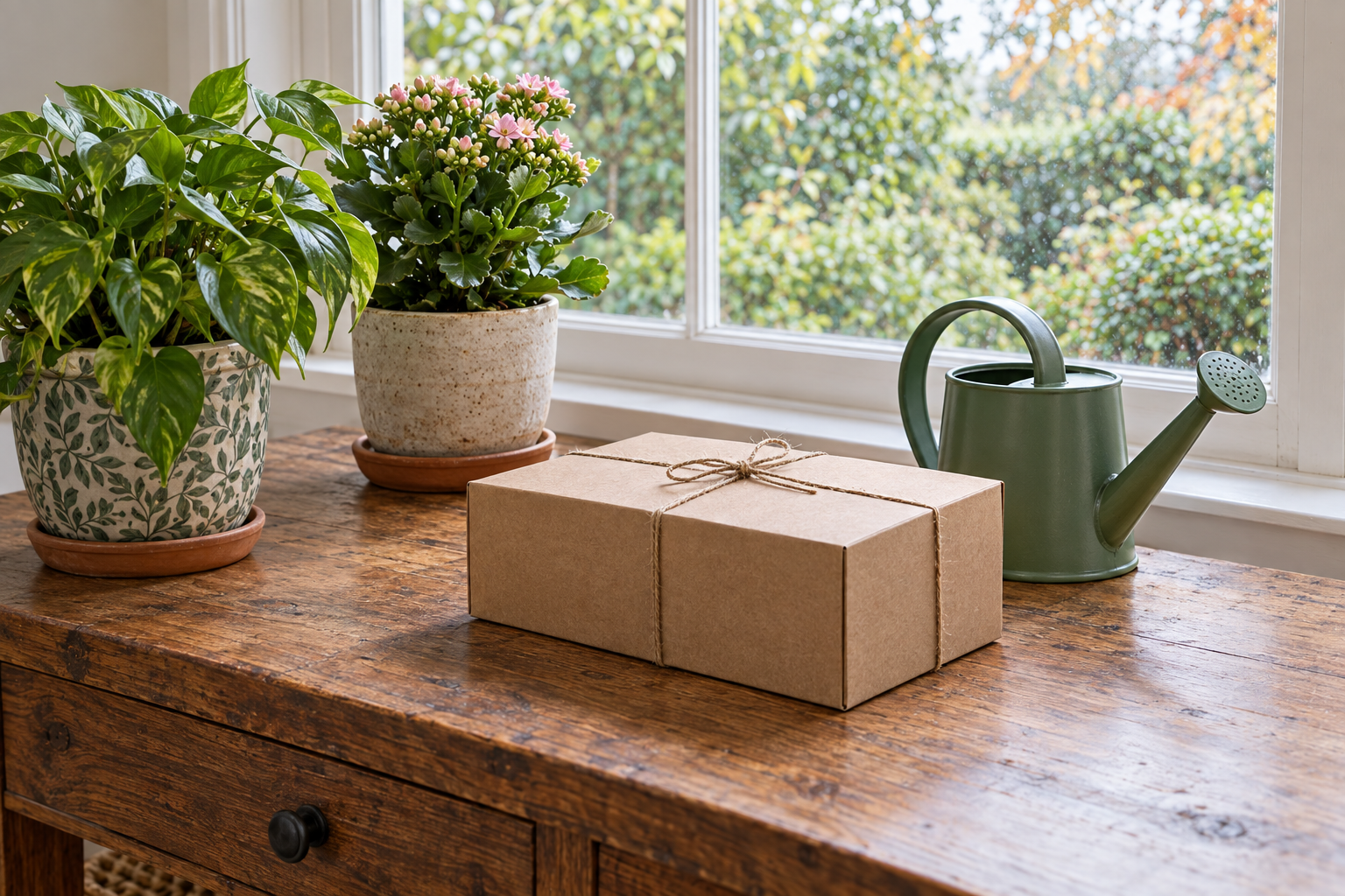 A fully closed plain gift box sits beside a green watering can and two houseplants on a potting table.