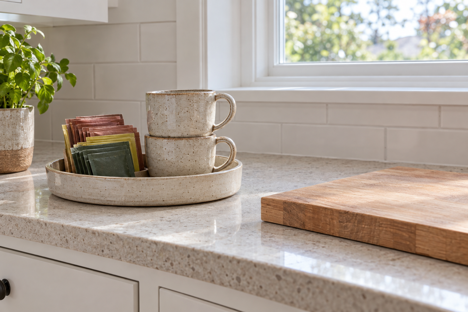 Two mugs and tea on a shallow tray beside a separate cutting board.