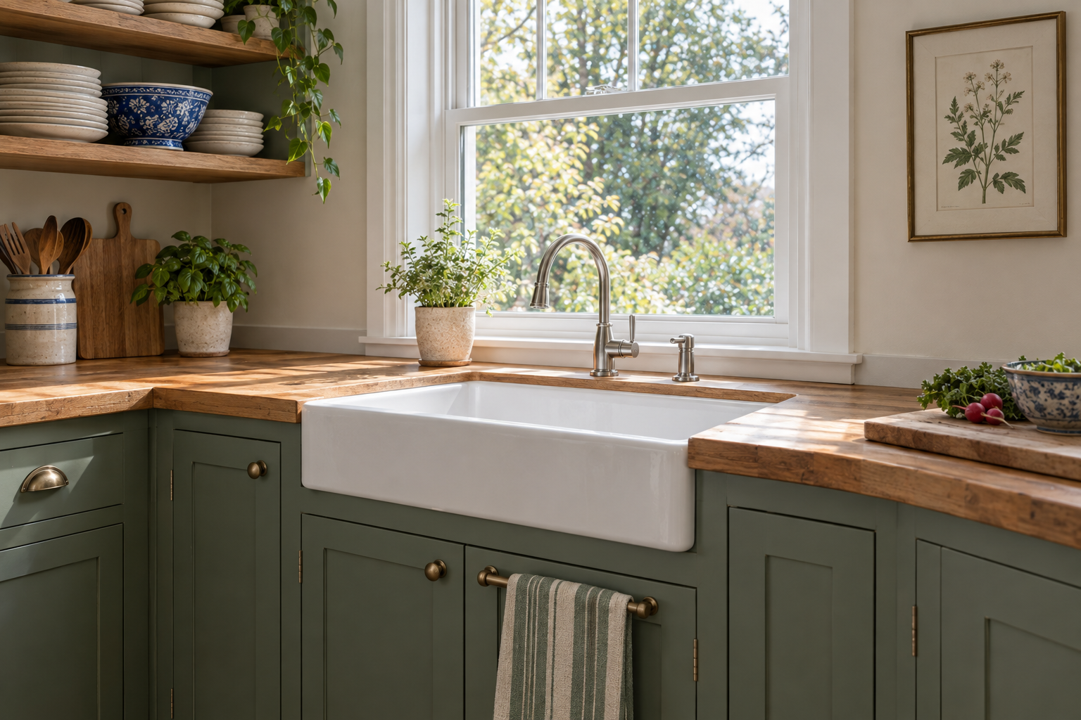 A green towel on a cabinet-mounted rail, blue bowl among shelf dishes and a botanical print beside a clear sink.