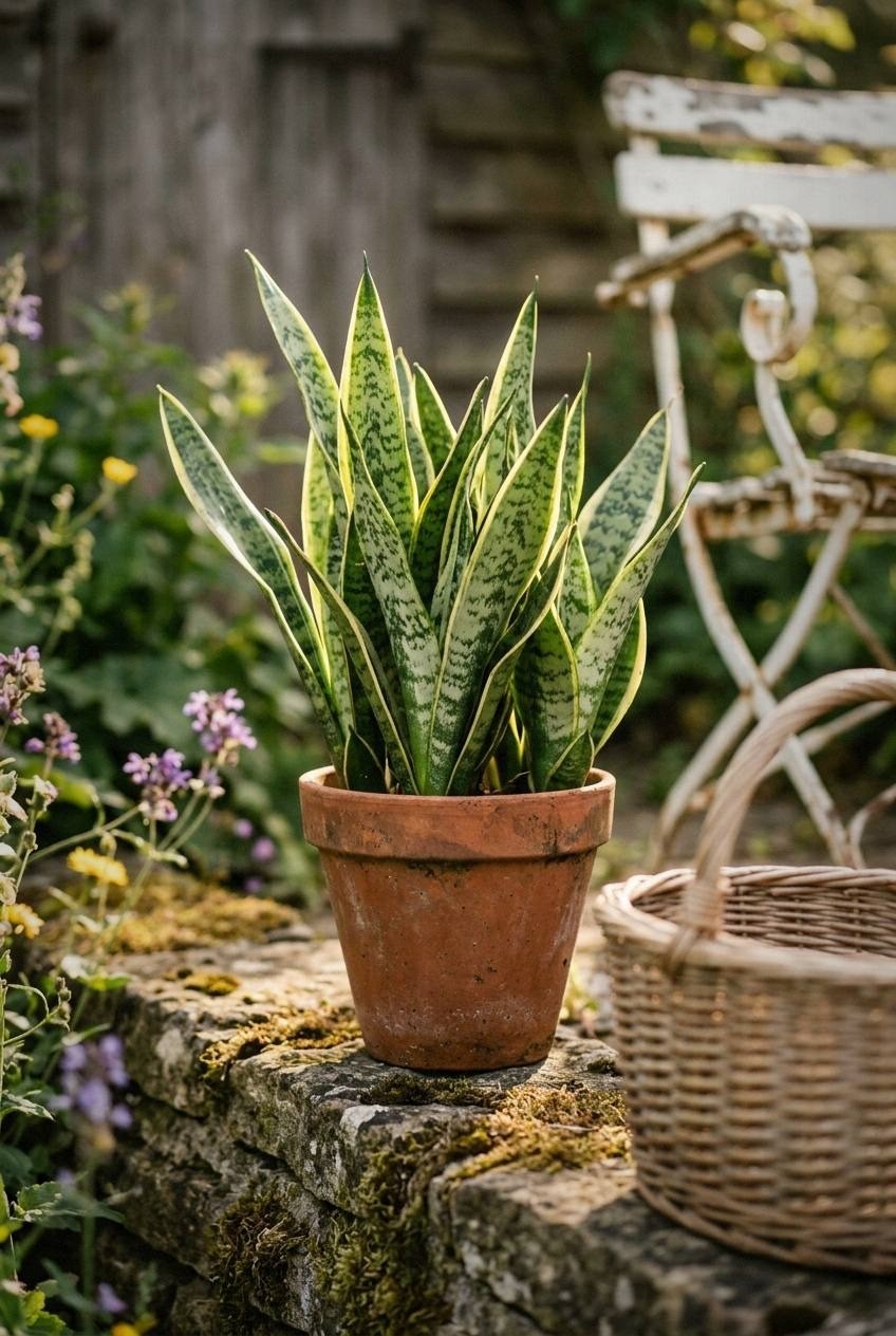 Tall snake plant with variegated yellow-edged leaves in a terracotta pot beside a window