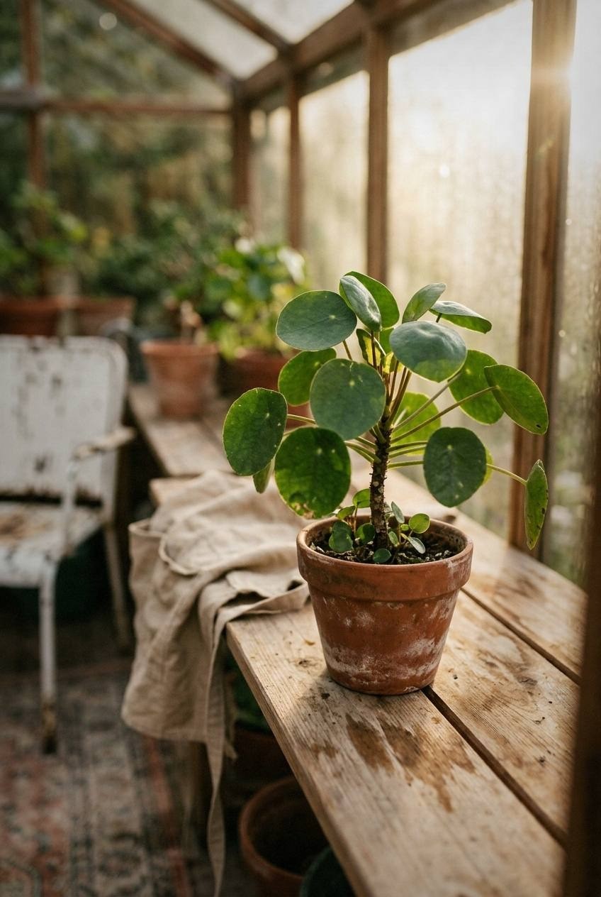 Rubber plant with large burgundy-tinged leaves in a stoneware pot in a sunlit corner