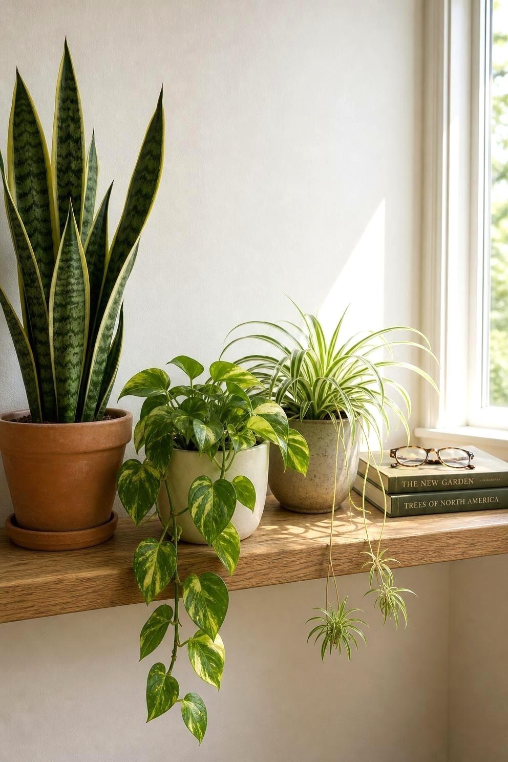 A grouping of houseplants including a snake plant, golden pothos and a spider plant on a low wooden shelf beside a bright window