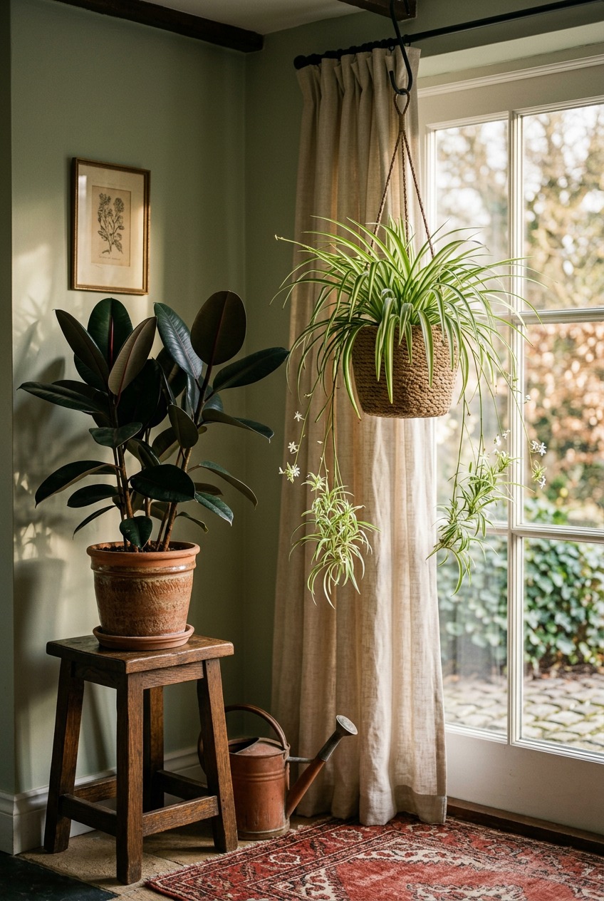 Peace lily with white flowers next to rubber plant in bright living room corner