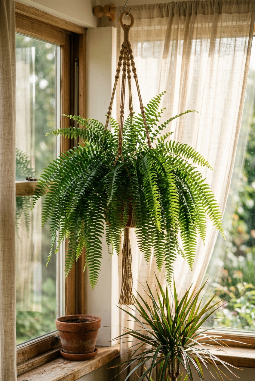 Spider plant in hanging basket near bright window with trailing baby plants