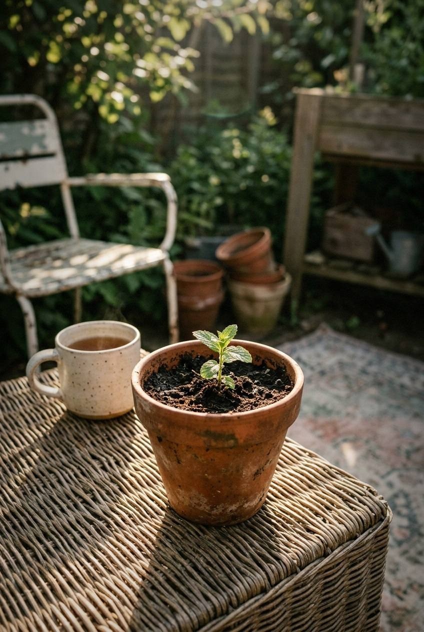Quiet Sunday morning kitchen with a teapot on a wooden tray and a folded newspaper