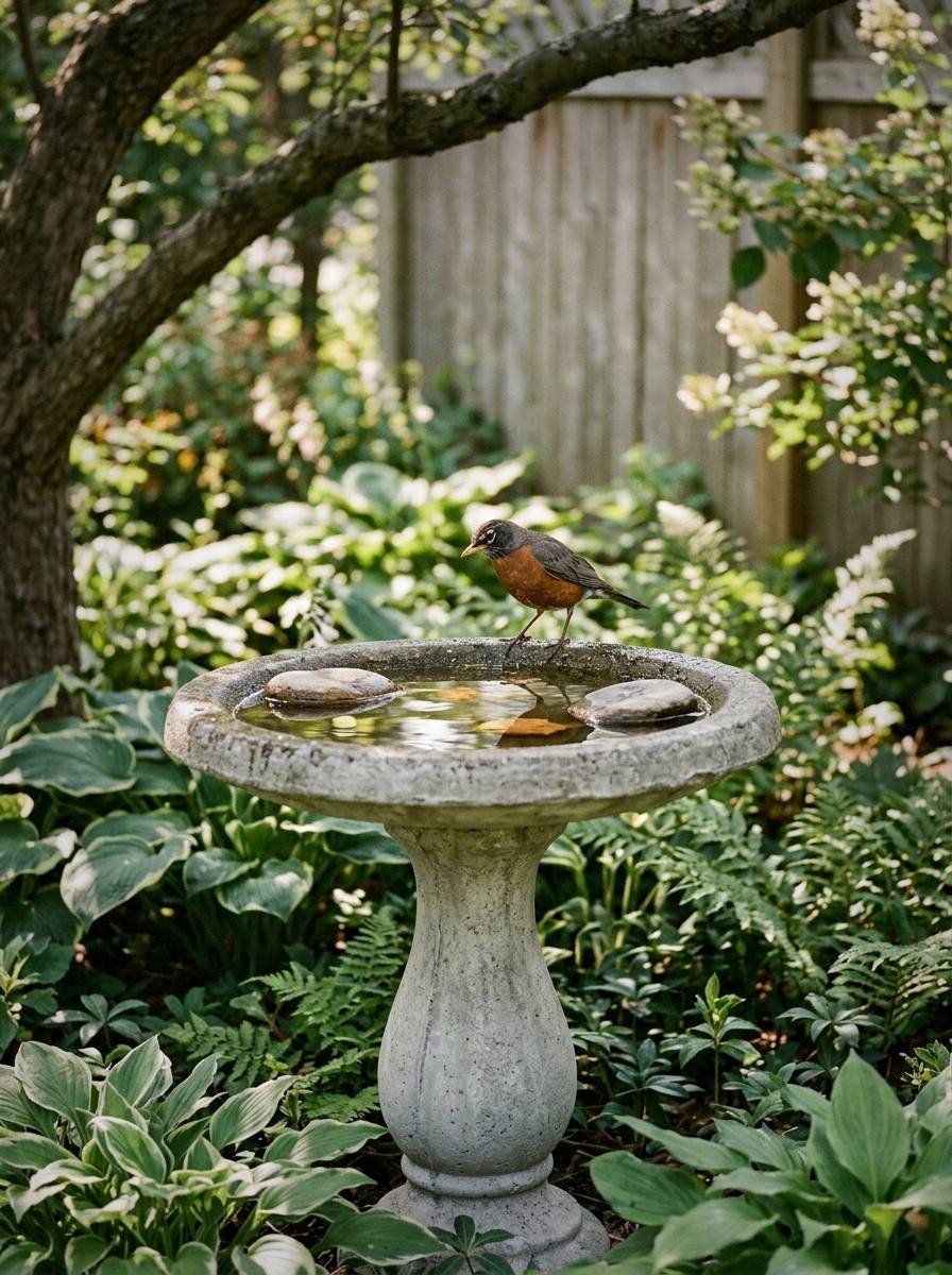Concrete bird bath in a garden with a robin perched on the rim, hostas and ferns growing nearby in dappled shade