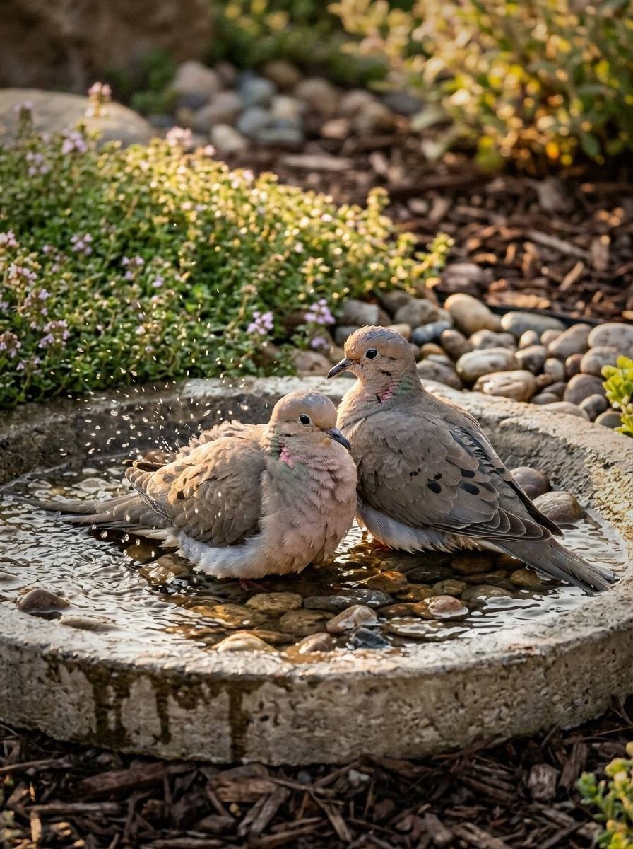 Two mourning doves sitting in a shallow bird bath surrounded by creeping thyme and small river stones, warm afternoon light