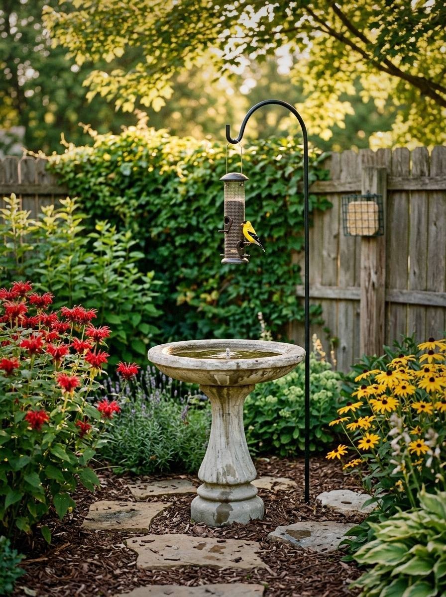 A garden bird bath area with bee balm, black-eyed susans, and a tube feeder on a fence post, golden morning light filtering through trees