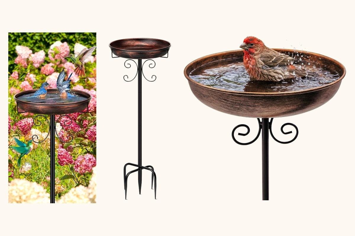An antique bronze pedestal bird bath and a low staked bird bath with a shallow bowl