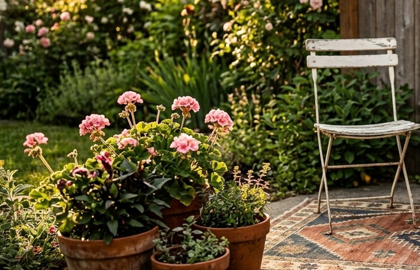 Weathered patio chair and small table rearranged near a garden edge