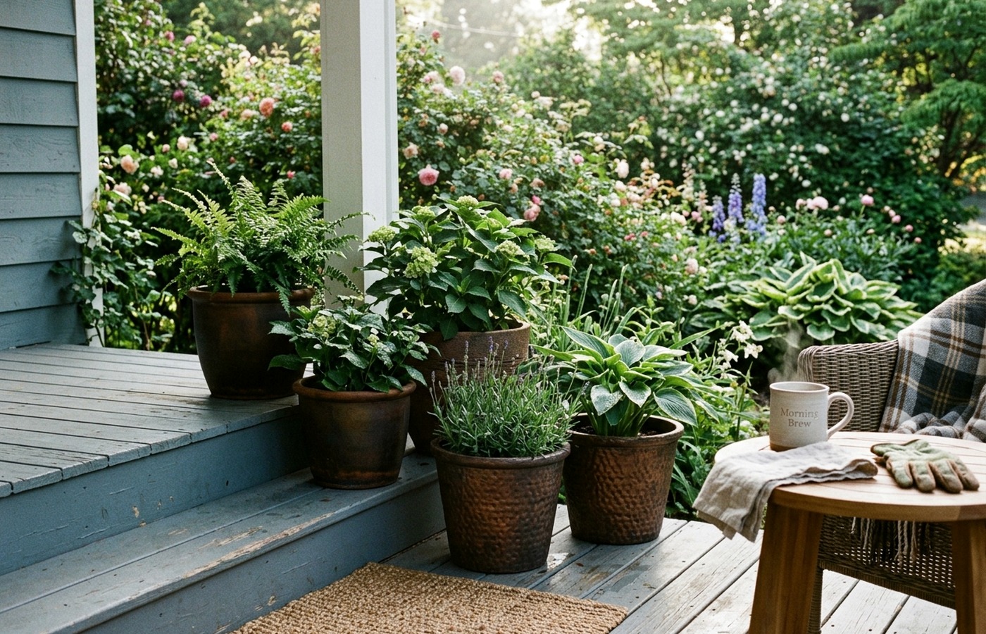 Patio plants and soft outdoor textures arranged into a calm sitting corner