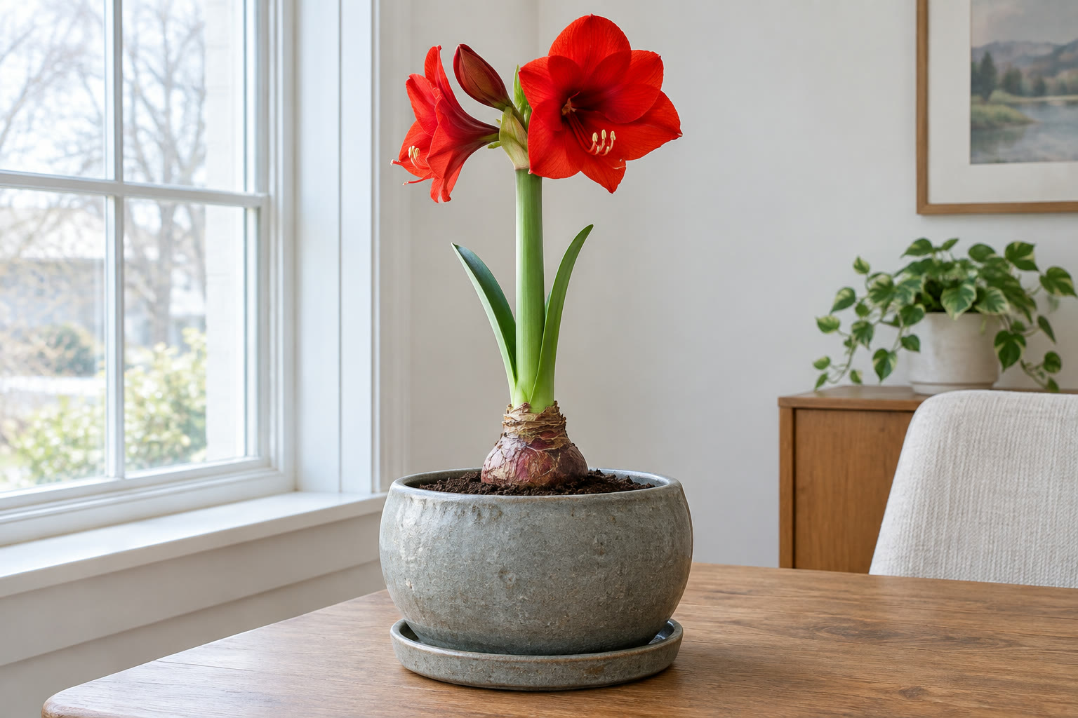 Red amaryllis bulb with exposed shoulders in a heavy gray stoneware pot