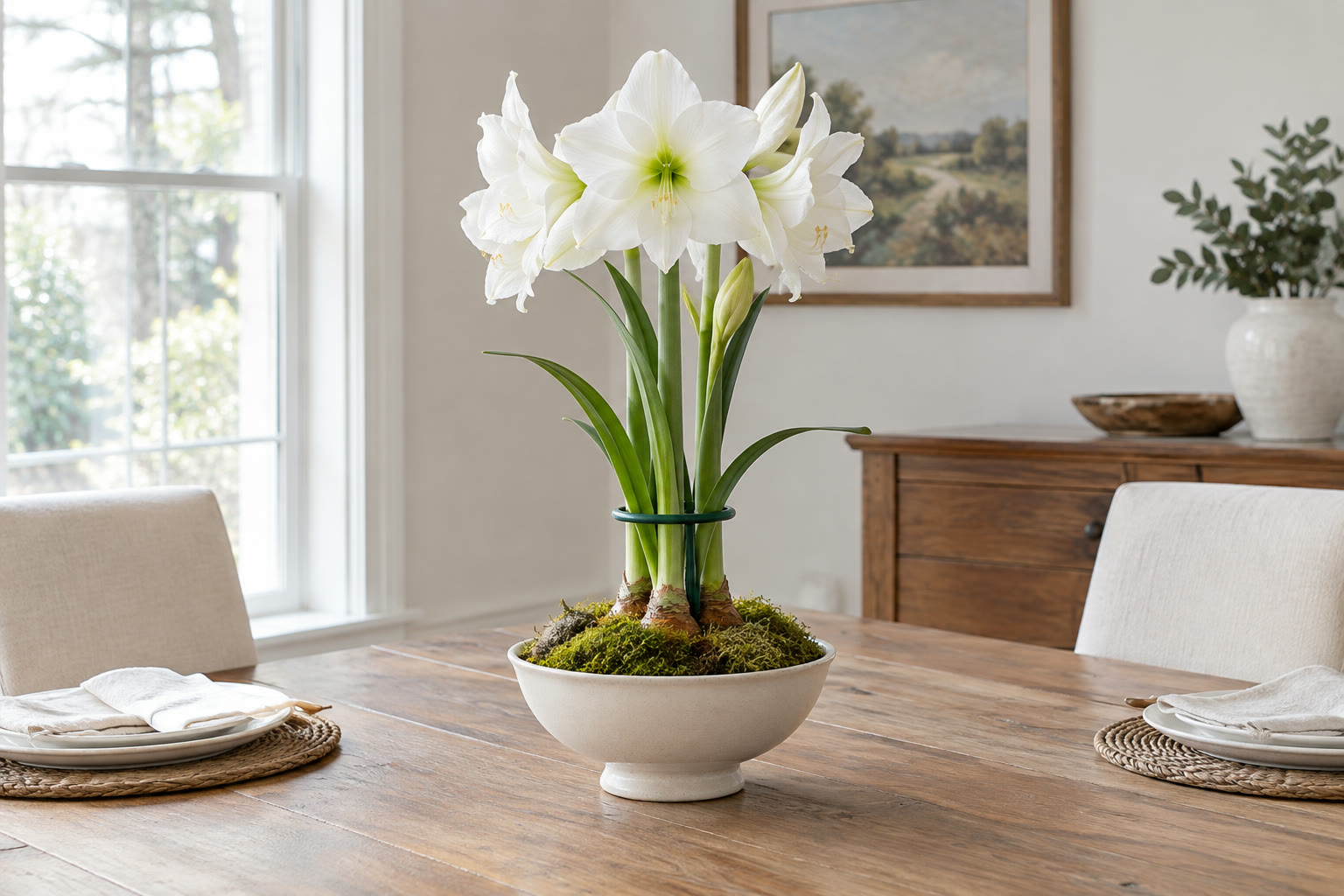 White amaryllis in a low cream bowl on a dining table