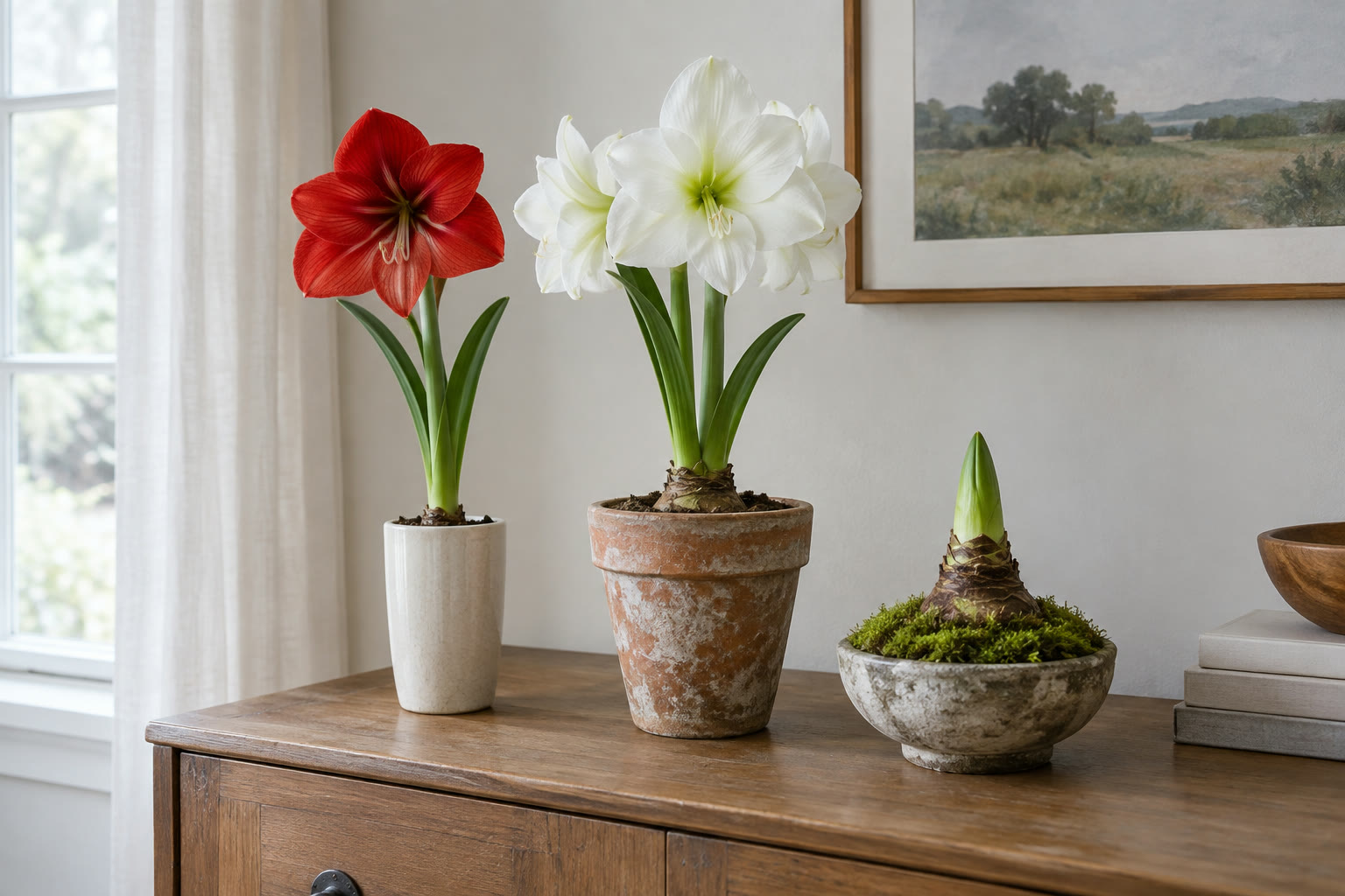 Three amaryllis container styles grouped on a wood sideboard