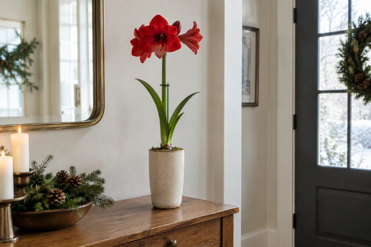 A red amaryllis in a cream stoneware pot on a wooden hall table beside candles and a bowl of pinecones