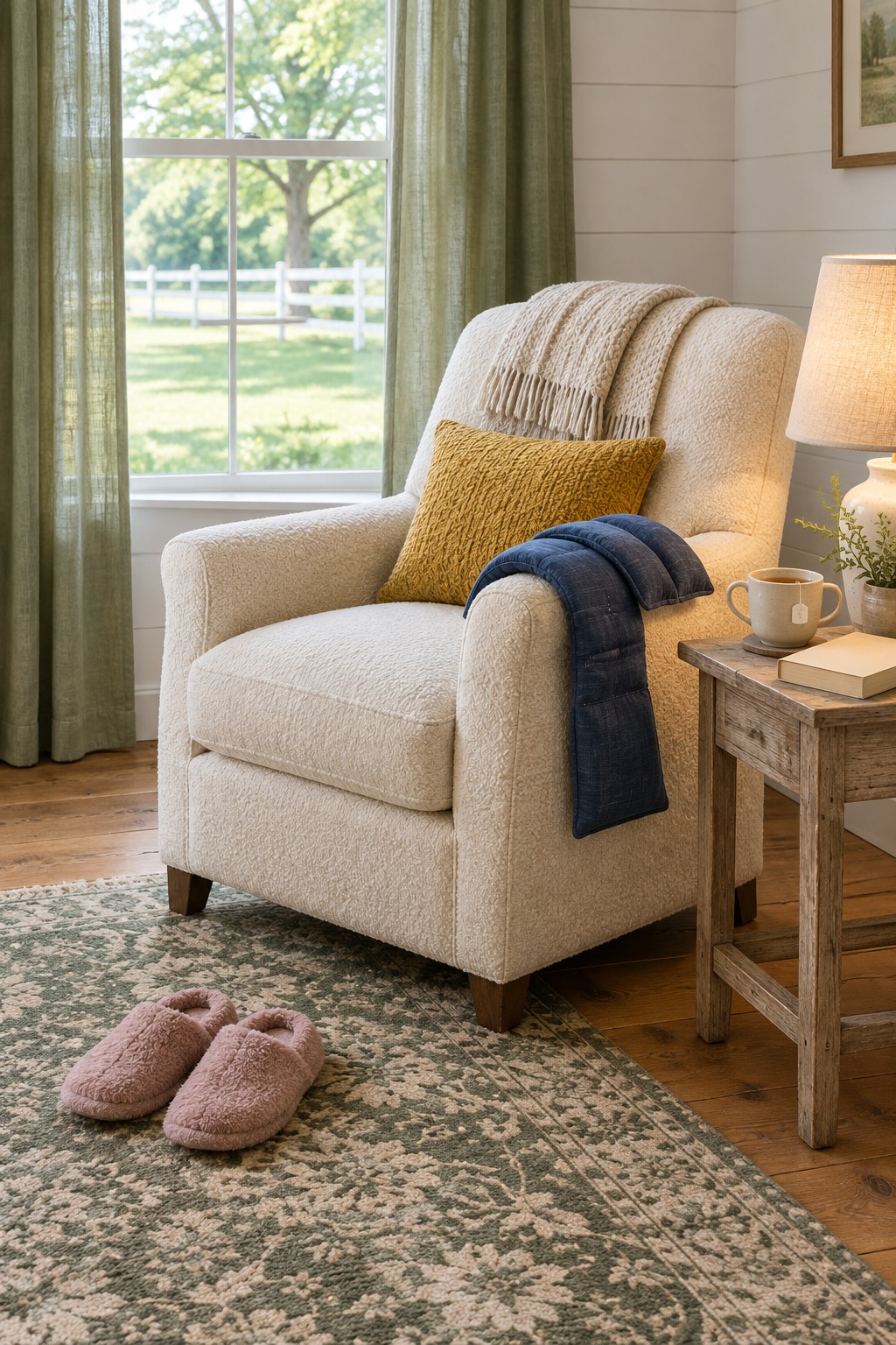 Pair of fuzzy slippers on a rug beside a cream armchair with a flaxseed neck wrap draped over the arm and a lit lamp, a mug of tea and a paperback on a side table