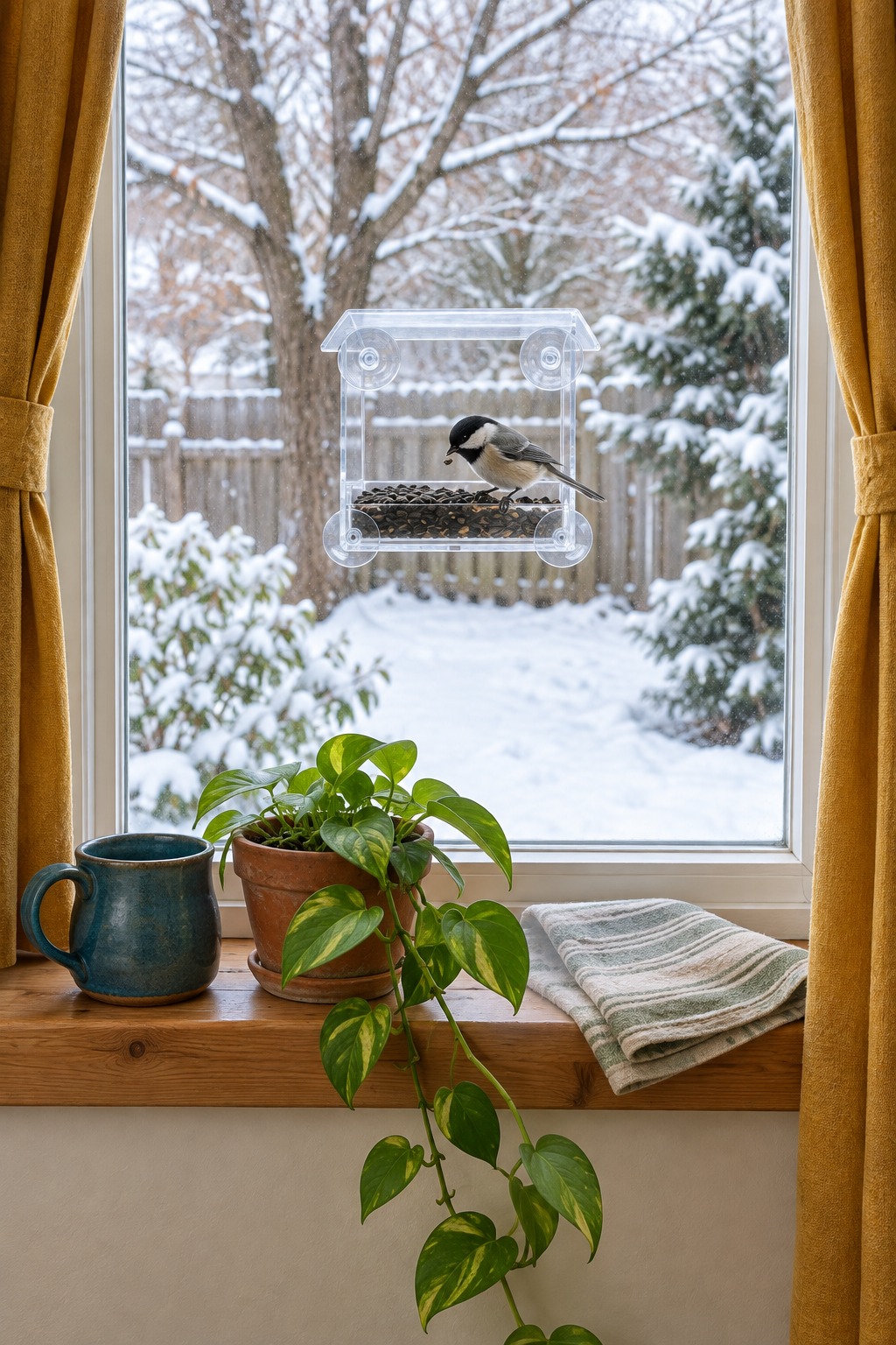Clear acrylic bird feeder stuck to a kitchen window with a chickadee eating seed, a ceramic mug and a trailing pothos on the sill, a snowy yard blurred behind