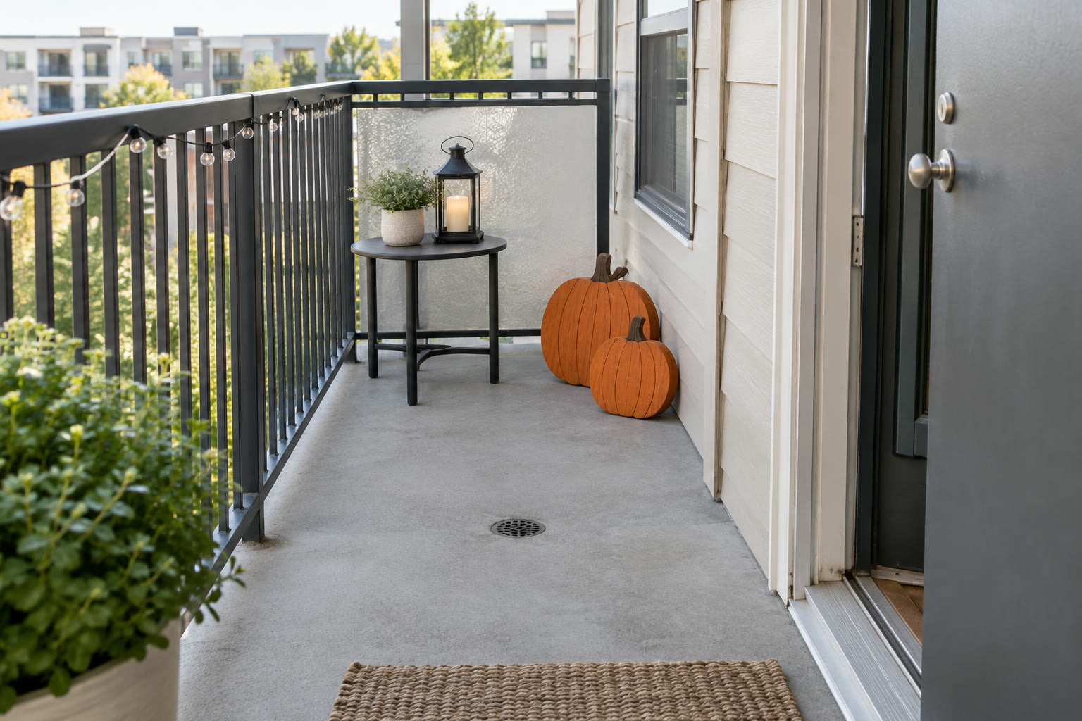 Clear apartment balcony walkway with two pumpkins and a battery lantern beside the door