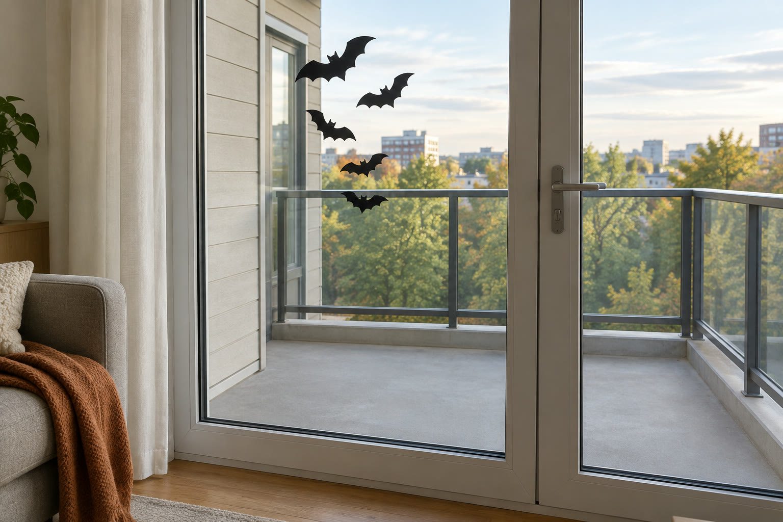 Black paper bat silhouettes on the inside of a glass balcony door with an empty balcony beyond