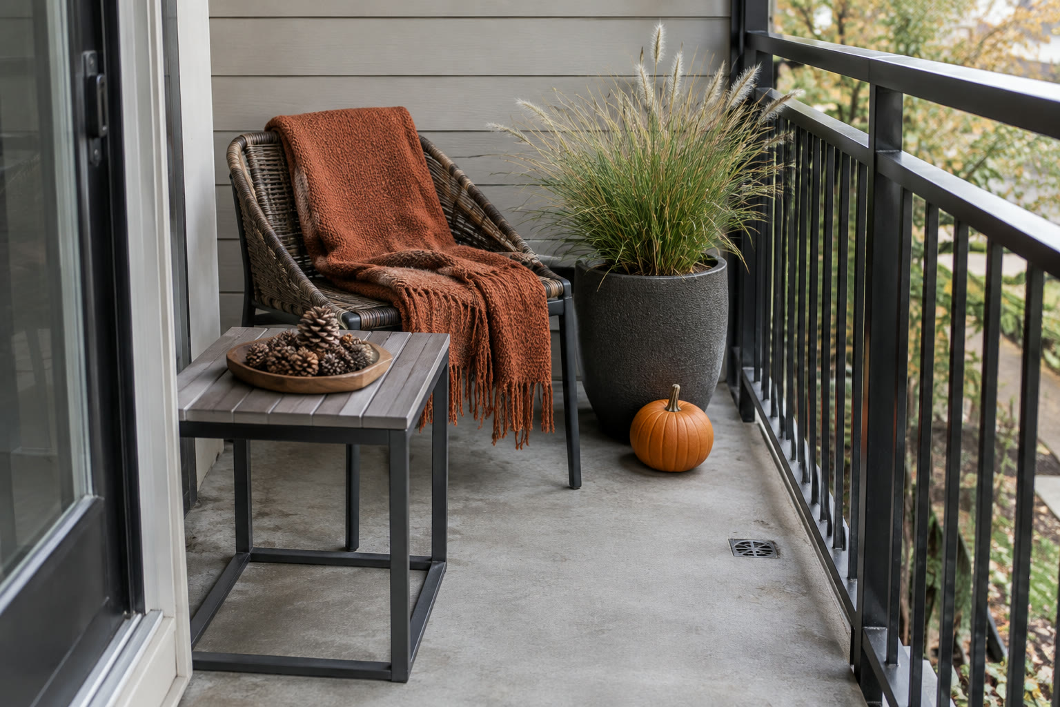 Small balcony chair with rust throw, weighted grass planter, pumpkin, and pinecone tray