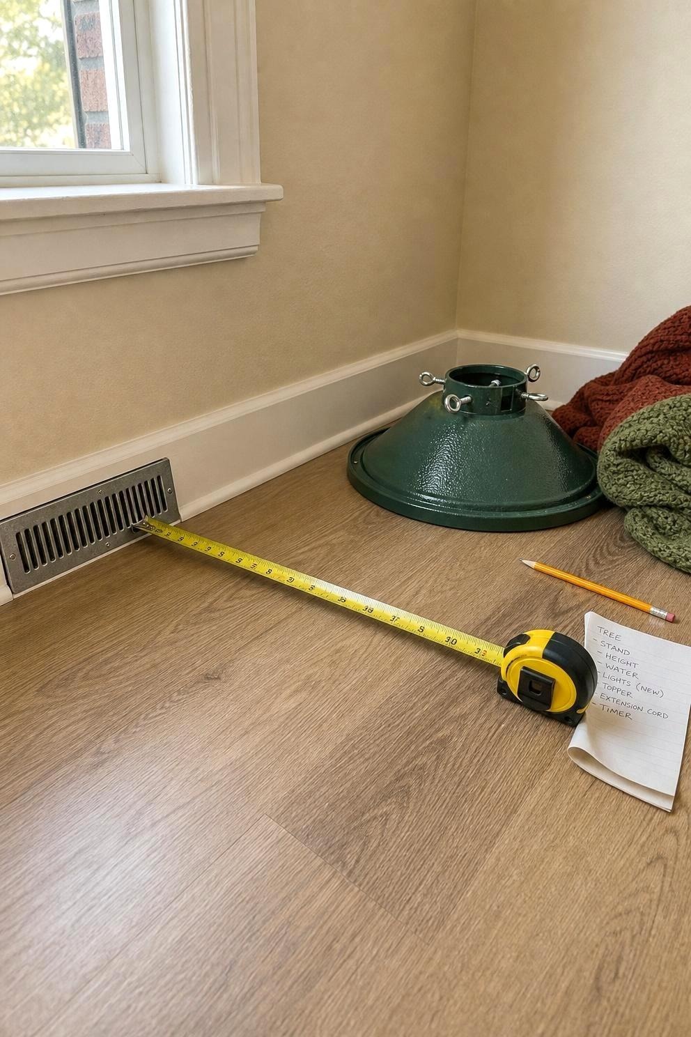 A tape measure lying on the floor of a small living room corner next to a heating vent and a slim tree stand