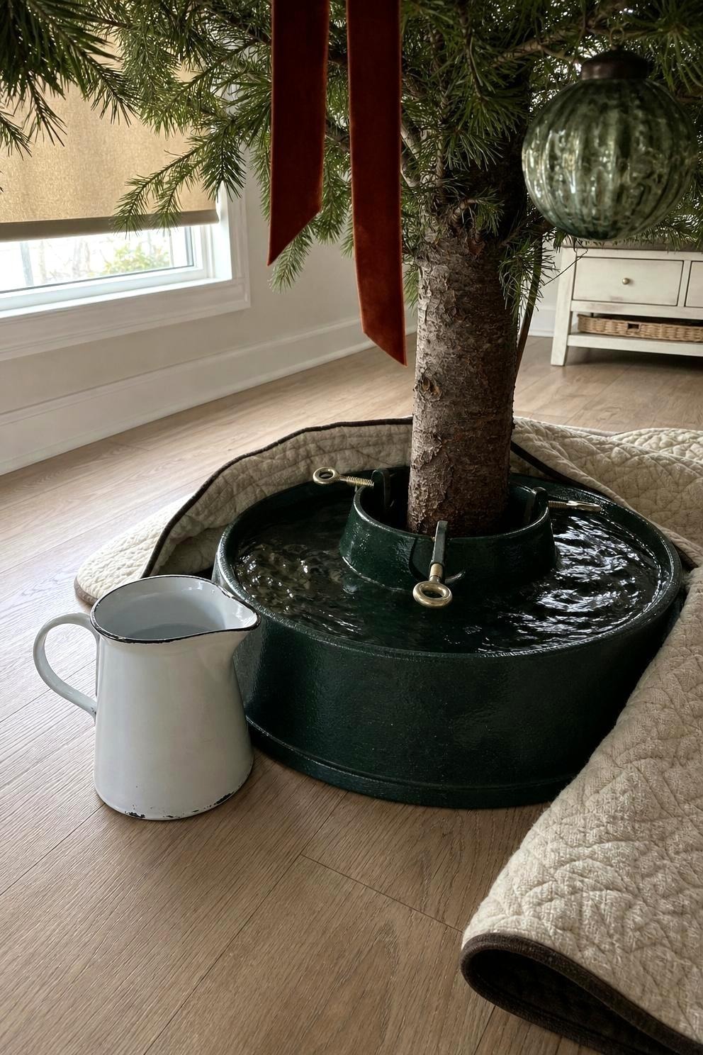 A small white pitcher resting on the floor beside a filled Christmas tree stand under the lower branches
