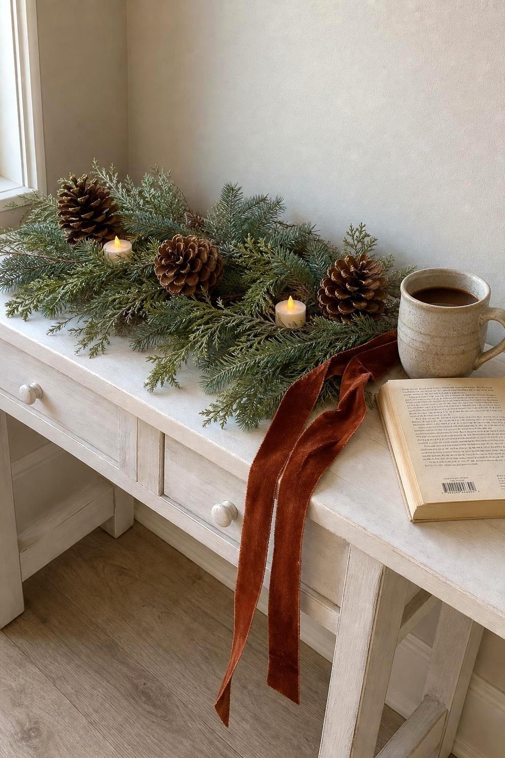 A small console table with fresh greenery, pinecones, and battery operated tea lights beside a window