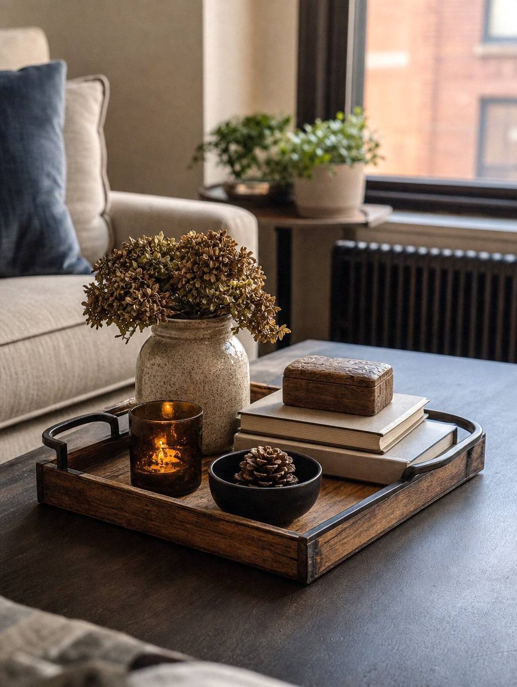 Wooden tray on coffee table holding small ceramic pumpkin, cream pillar candle, and dried oak leaves