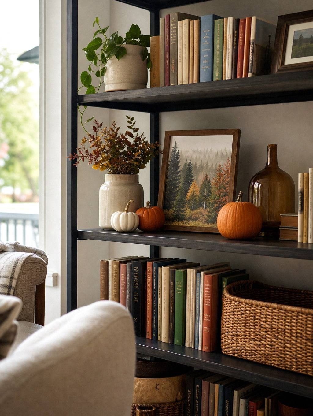 Bookshelf with one cleared shelf displaying small pumpkins, framed fall print, and warm fairy lights