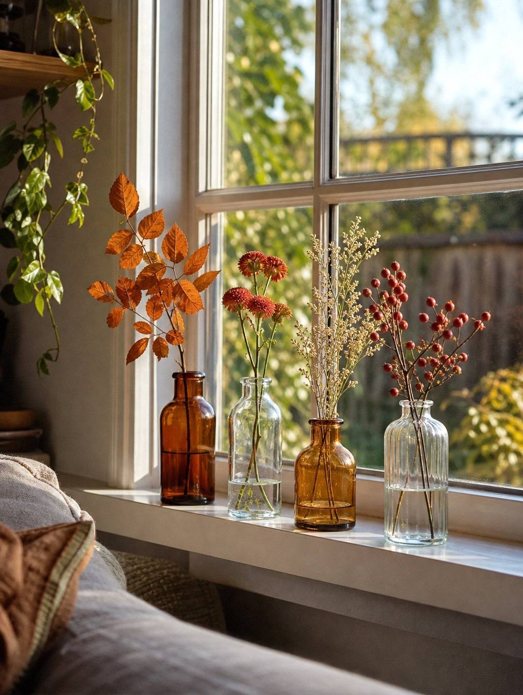 Windowsill with four small glass bottles holding dried stems and one white pumpkin at the end