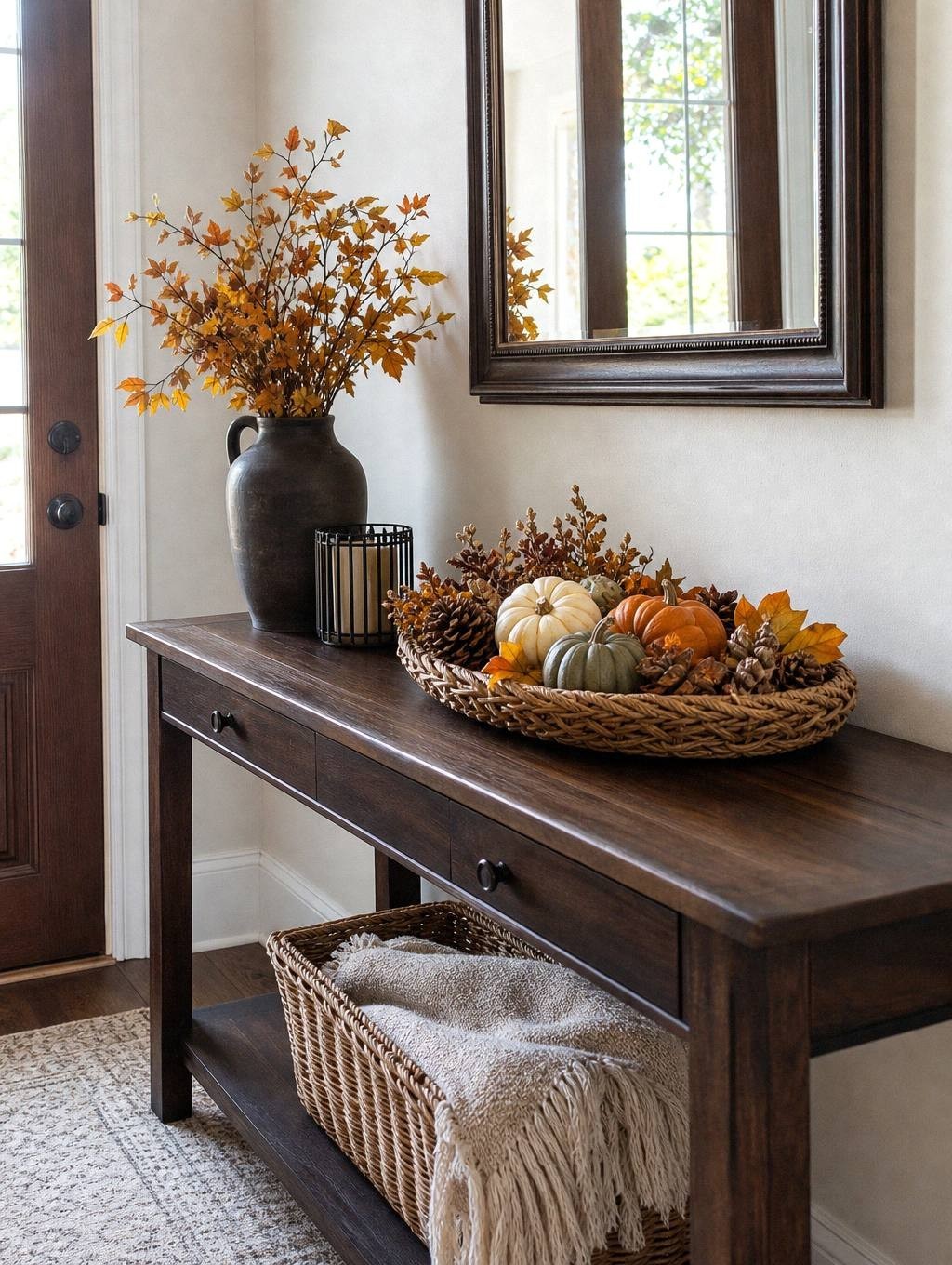 Entryway console table with shallow bowl filled with small gourds, acorns, and faux fall leaves