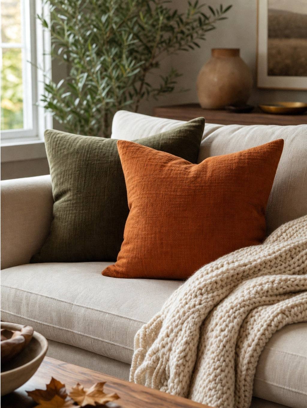 Couch with rust and mustard throw pillows in different textures and camel-colored blanket draped over arm