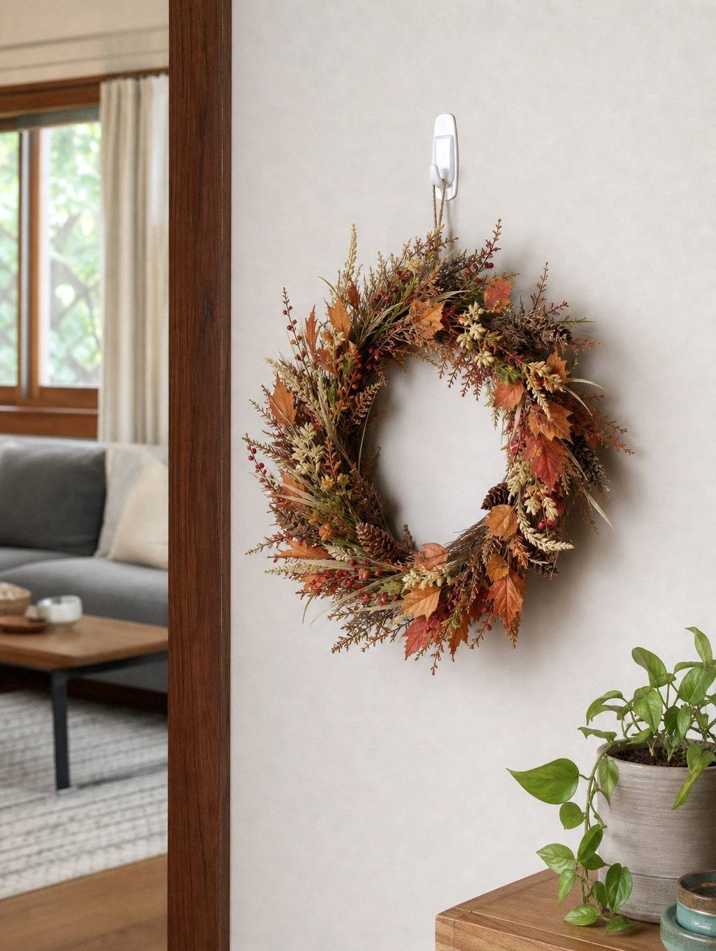 Fall wreath eighteen inches in diameter hanging on apartment door with command hook