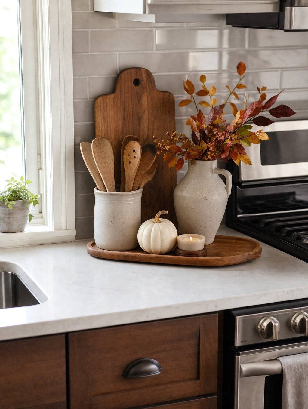 Kitchen counter corner with cutting board, white ceramic pumpkin, and folded rust linen tea towel