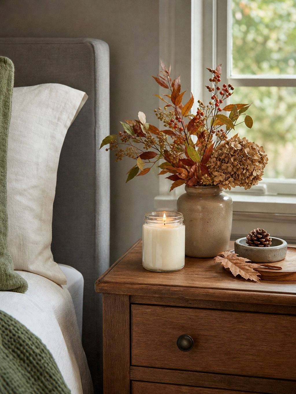 Bedroom nightstand with soy candle in glass jar and single stem of dried wheat in bud vase
