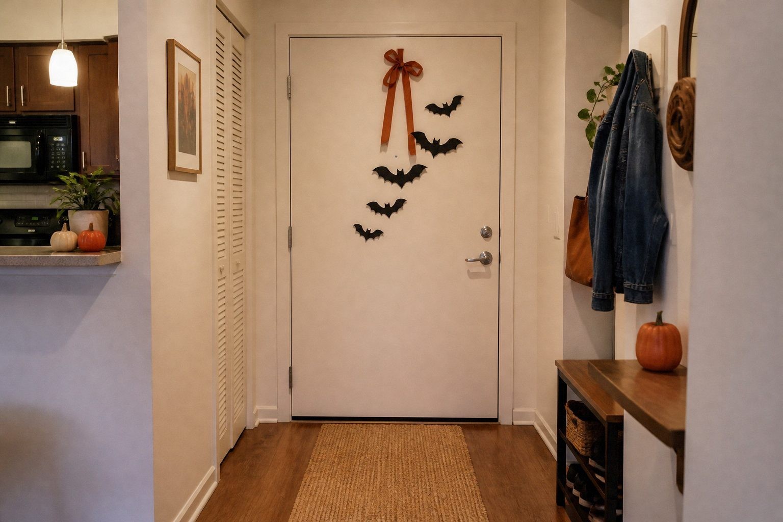 Apartment entry door decorated with simple removable black paper bat shapes and a small rust ribbon