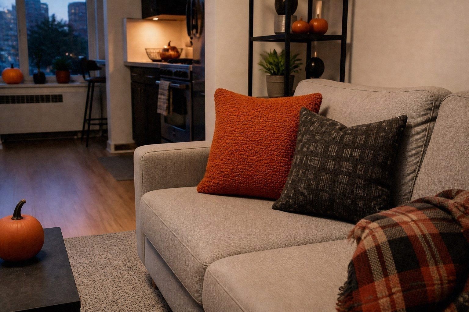 Small apartment couch with rust and charcoal Halloween pillow covers and a folded plaid throw