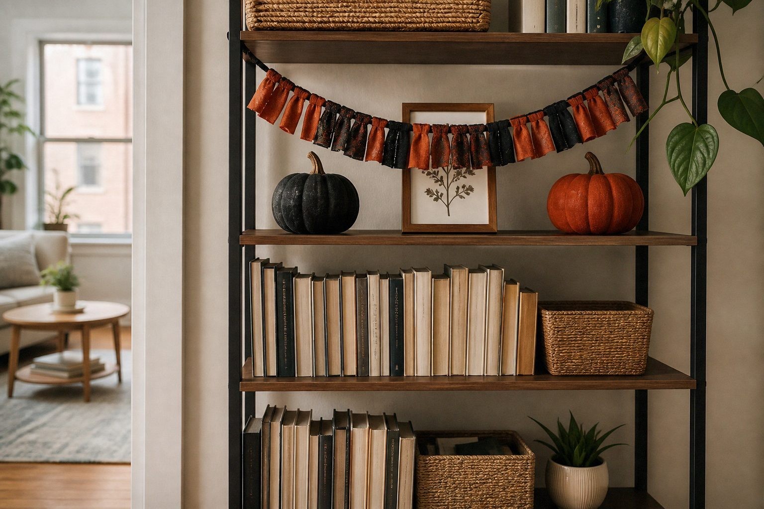 One apartment bookshelf styled with a short fabric garland and two lightweight pumpkins while other shelves remain ordinary