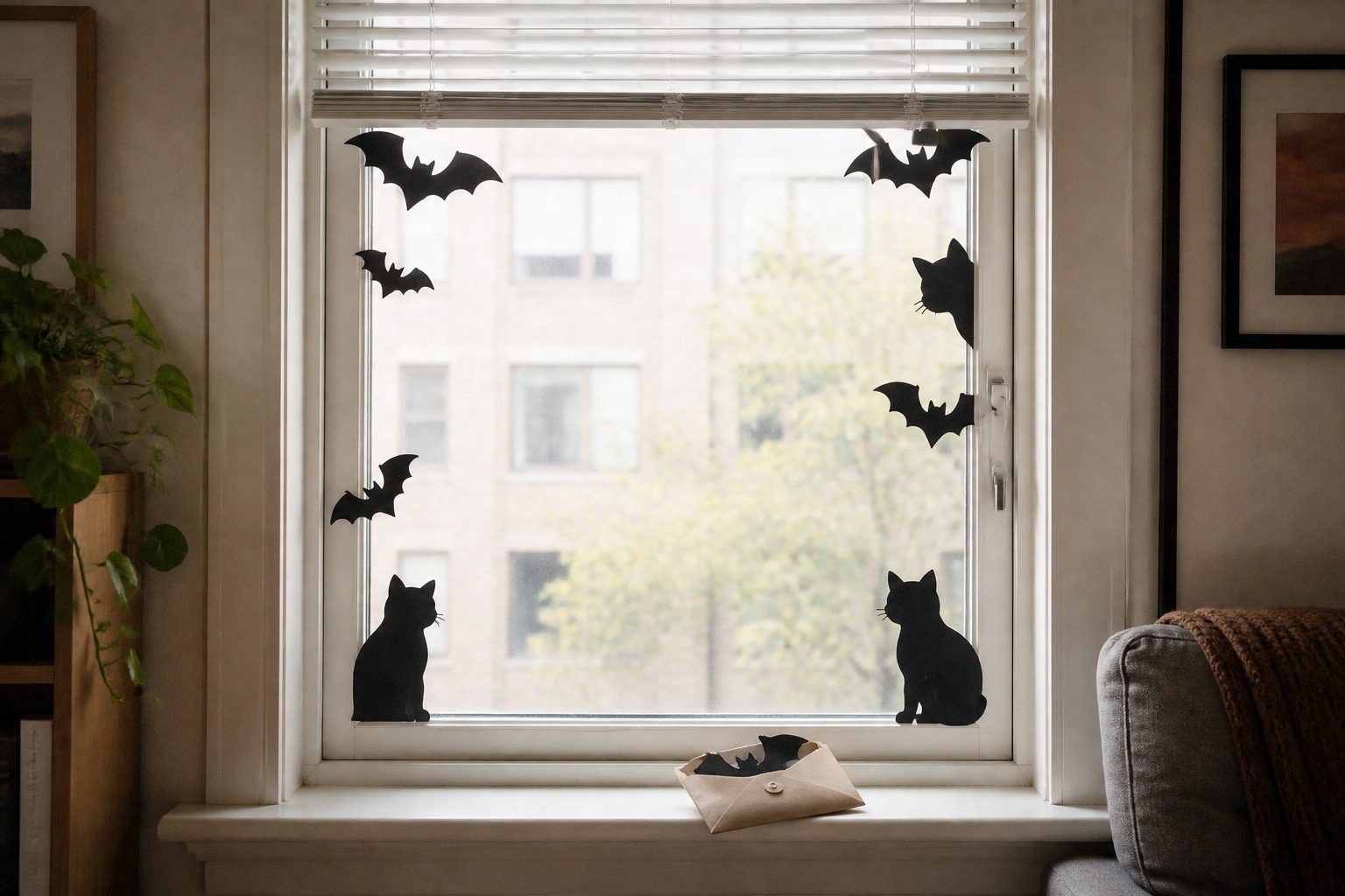Apartment window with a few flat black paper Halloween silhouettes placed around the edges while the opening remains clear