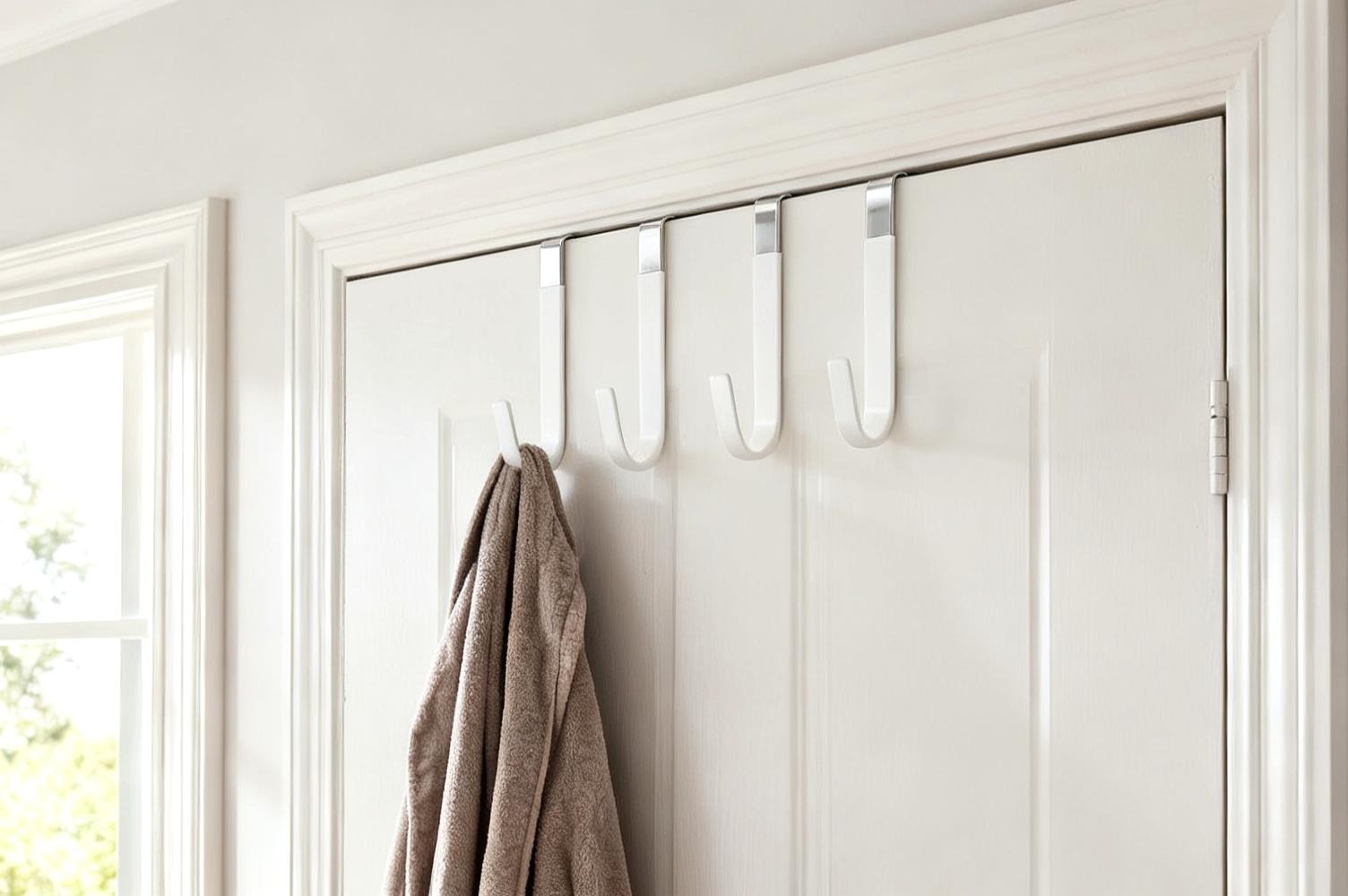 Slim white metal hook fitted over the top of an interior door with a robe hanging from it