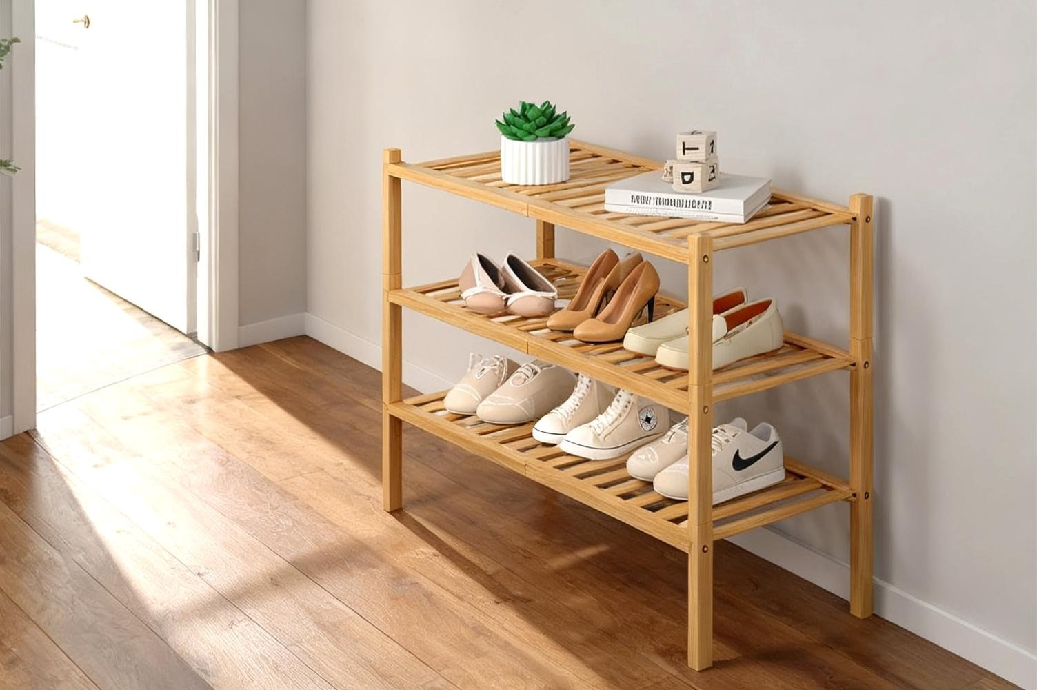 Three-tier bamboo shoe rack against a wall in a narrow apartment entry with two pairs of shoes on it