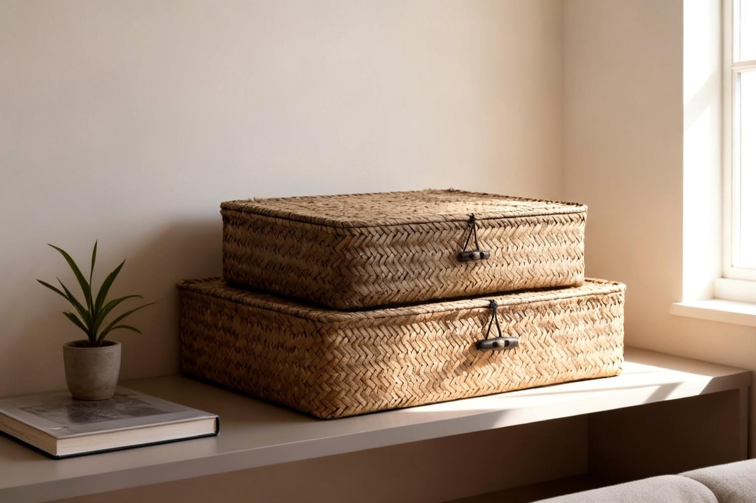 Two lidded woven seagrass baskets stacked on a low shelf beside a small plant
