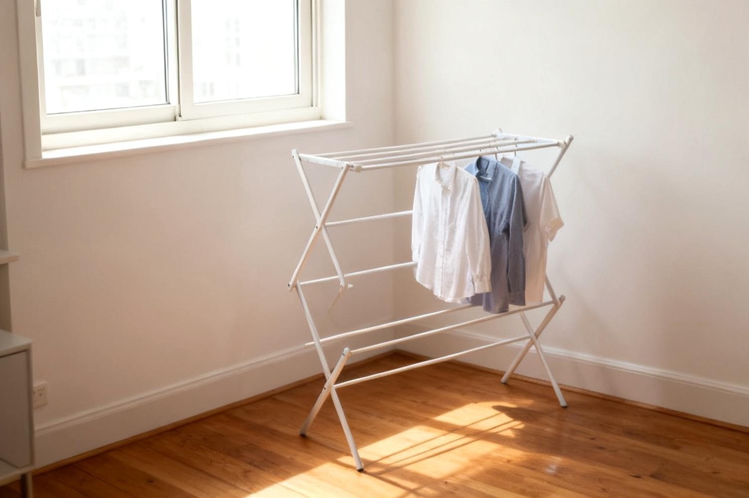 Folding metal clothes drying rack open beside a window in a small apartment with a few shirts drying