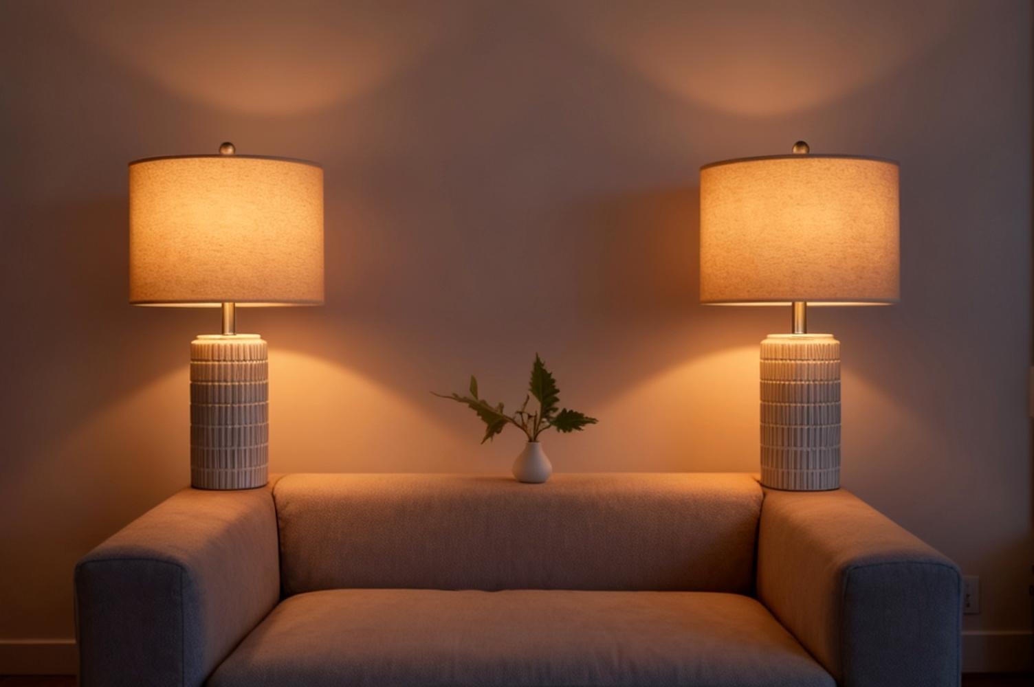 Two matching white ceramic table lamps lit at either end of a small apartment sofa in the evening